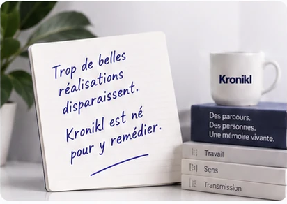 Un carnet posé contre une tasse Kronikl, sur une pile de livres intitulés Travail, Sens et Transmission.